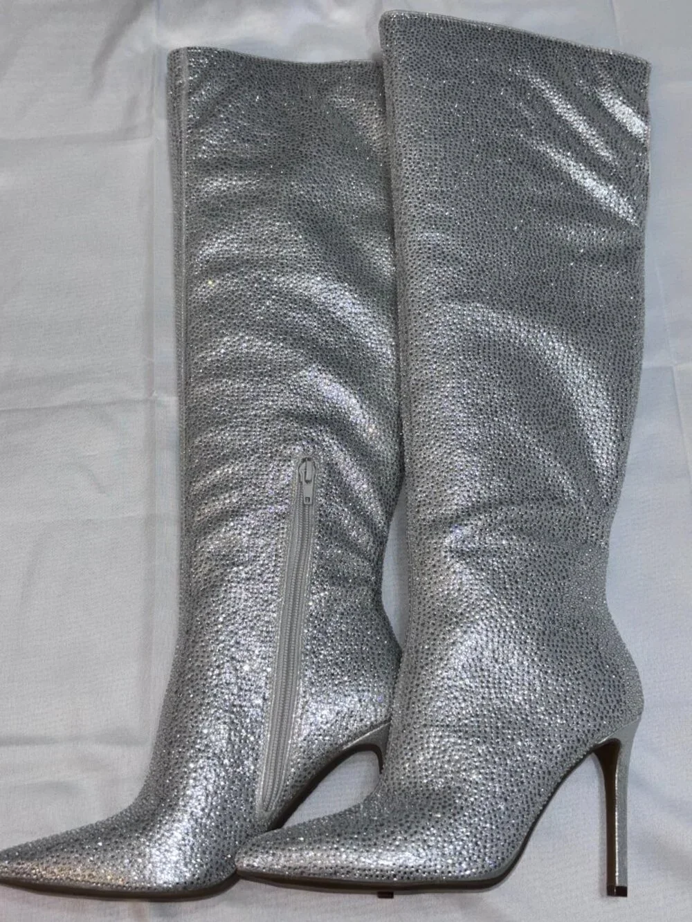 NIB INC Saveria Silver Rhinestone Bling Knee-High Stiletto Boots Women’s 6.5M